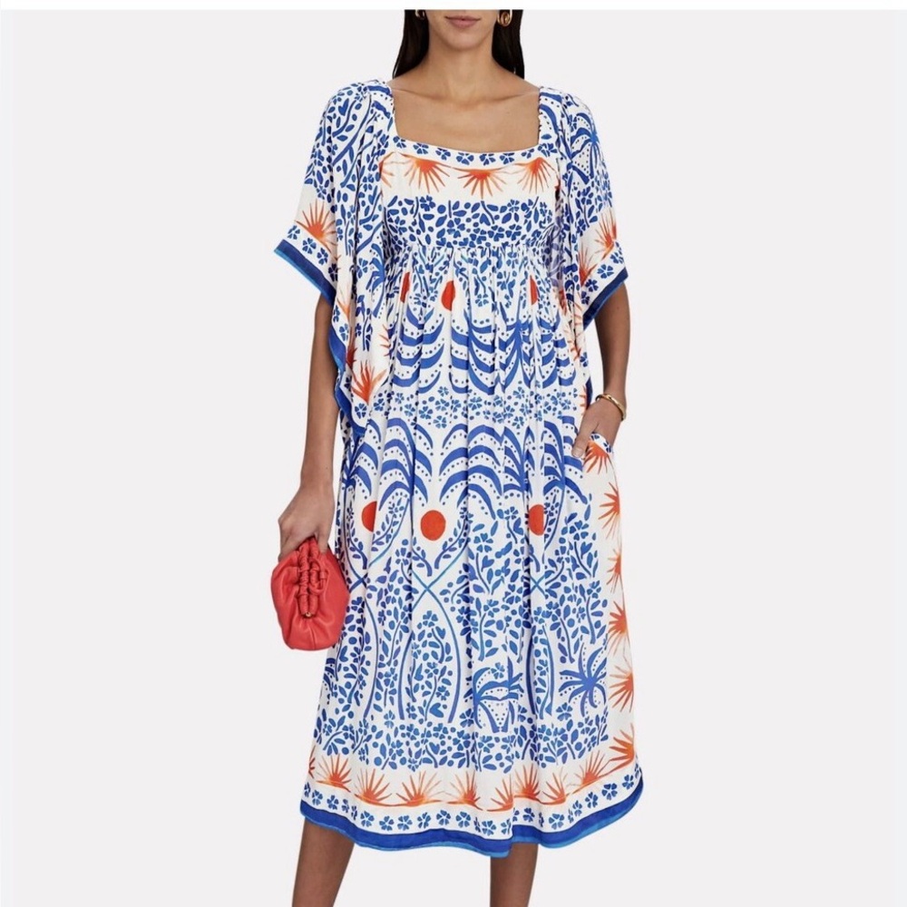 Farm Rio Size L Afternoon Breeze Caftan Midi White Blue Orange Dress
